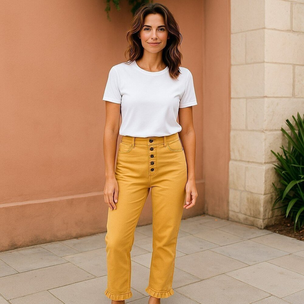 New Revolve Capulet Womens XS Imogen Skinny Crop Yellow Ruffle Jeans Pants